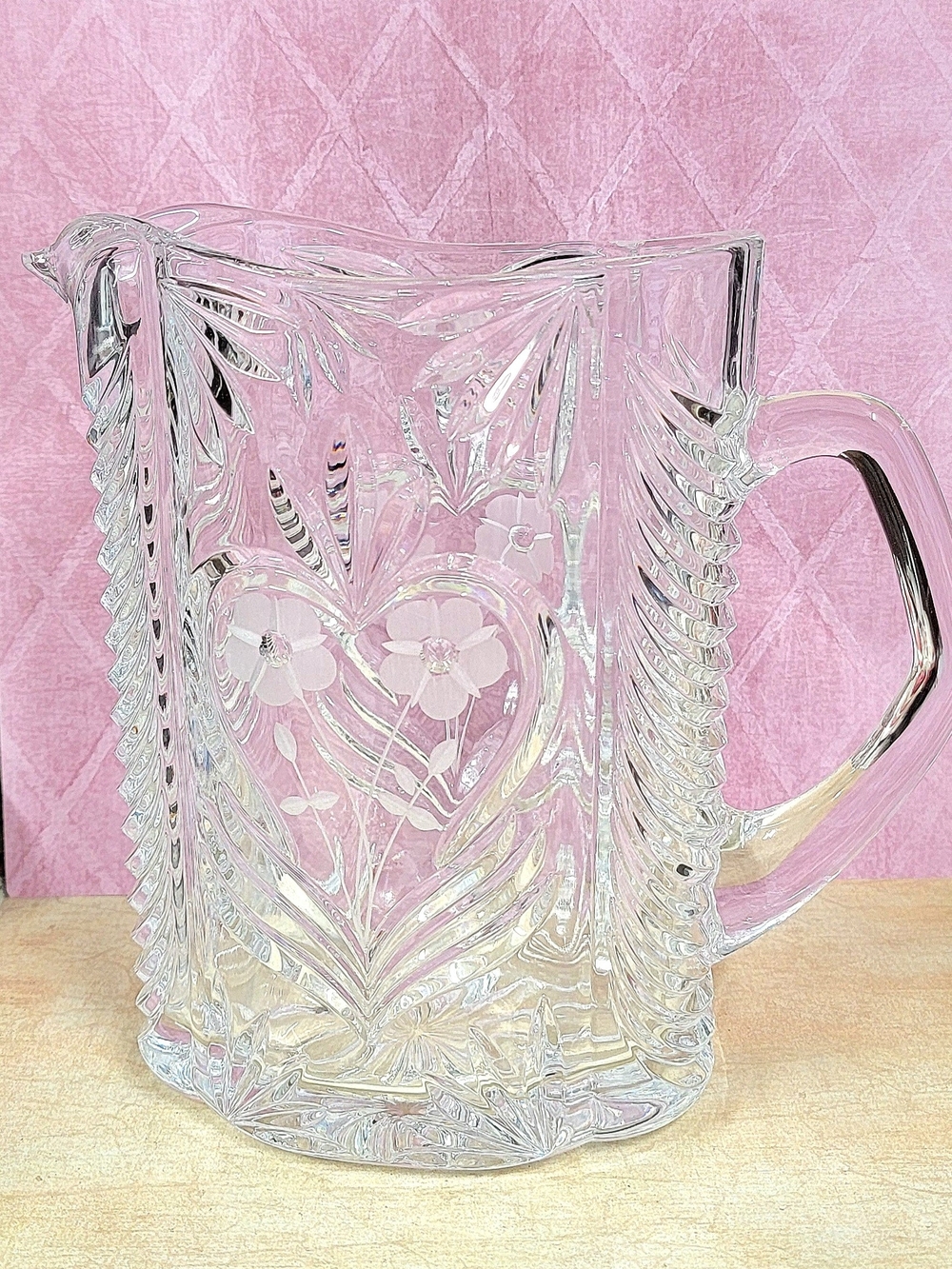 Vintage IMPERIAL Crystal Pitcher Heavy Etched Frosted Heart Floral
